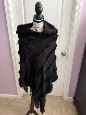 Black Fringe Hooded Poncho